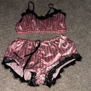 Source Unknown Pink and Black Striped Lace Pajama Set